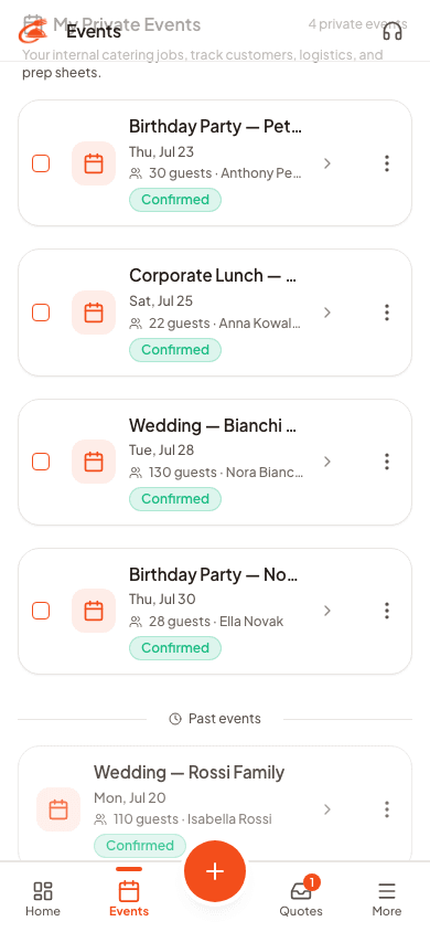 Every confirmed job, with its guest count and contact, on your phone.