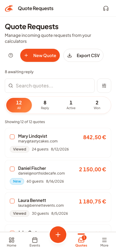 Every quote request logged with its status and total.