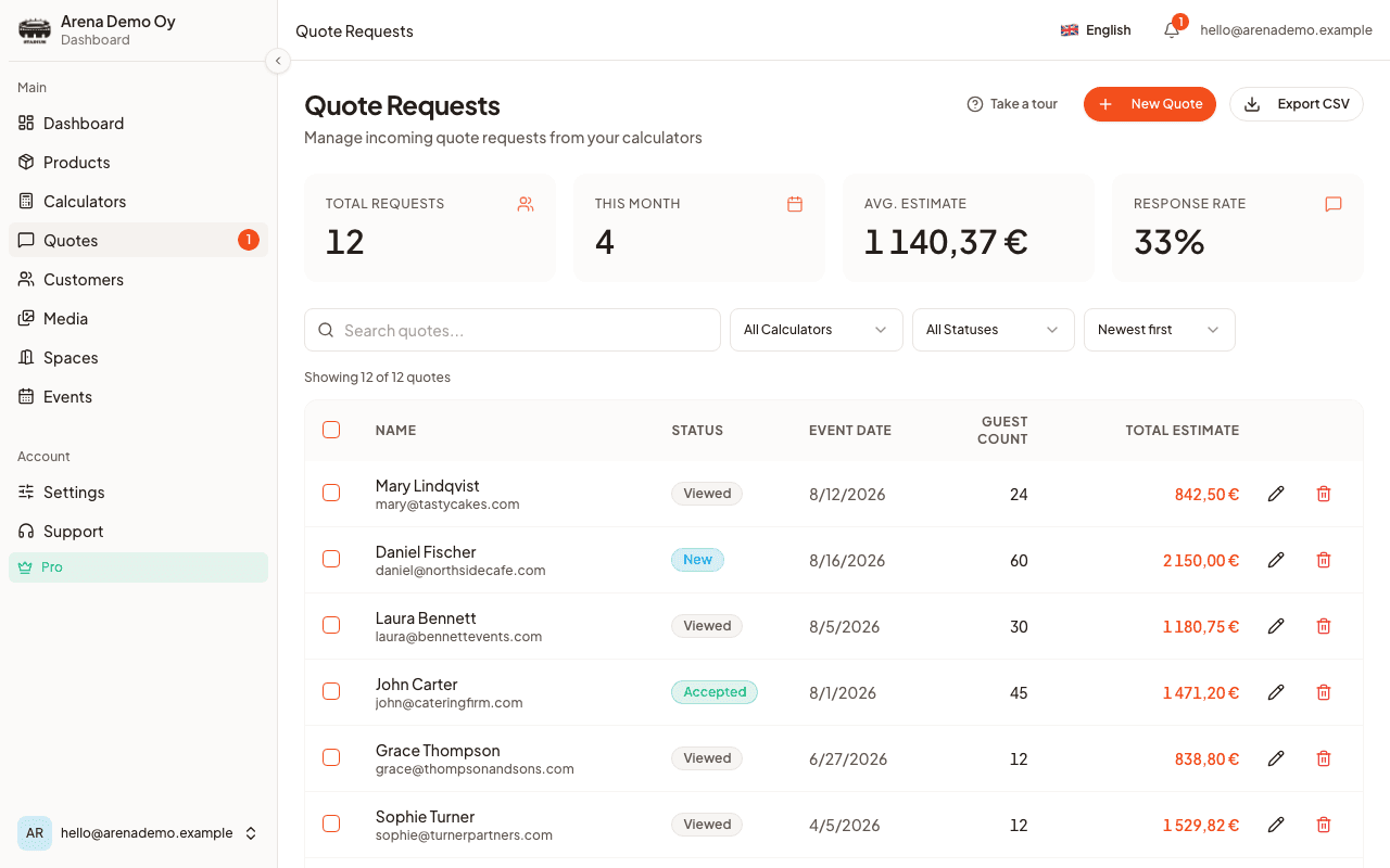 CaterWay's quote request view, showing incoming requests as a single list